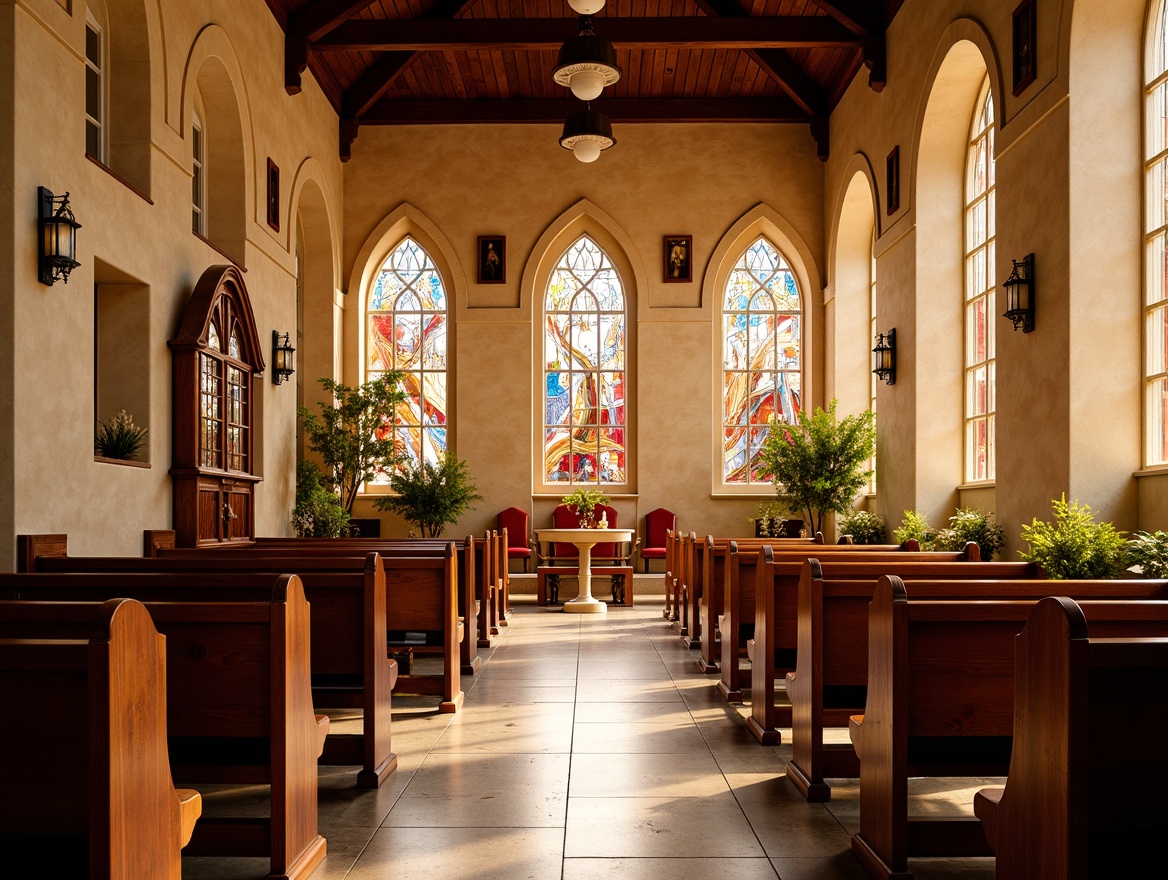 Prompt: Elegant church interior, warm beige stone walls, rich wooden pews, soft golden lighting, ornate stained glass windows, vibrant red accents, serene atmosphere, peaceful ambiance, natural textures, earthy tones, subtle contrast, harmonious colors, traditional architecture, classic design elements, intricate details, solemn mood, respectful tone, morning sunlight, gentle shadows, 1/1 composition, realistic render, ambient occlusion.