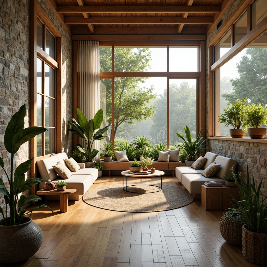 Prompt: Airy living room, large windows, sliding glass doors, natural stone walls, wooden floors, minimalist decor, greenery, potted plants, sheer curtains, soft warm lighting, indirect sunlight, cozy reading nooks, comfortable sofas, rustic wood accents, earthy color palette, organic textures, 1/1 composition, shallow depth of field, realistic reflections, ambient occlusion.