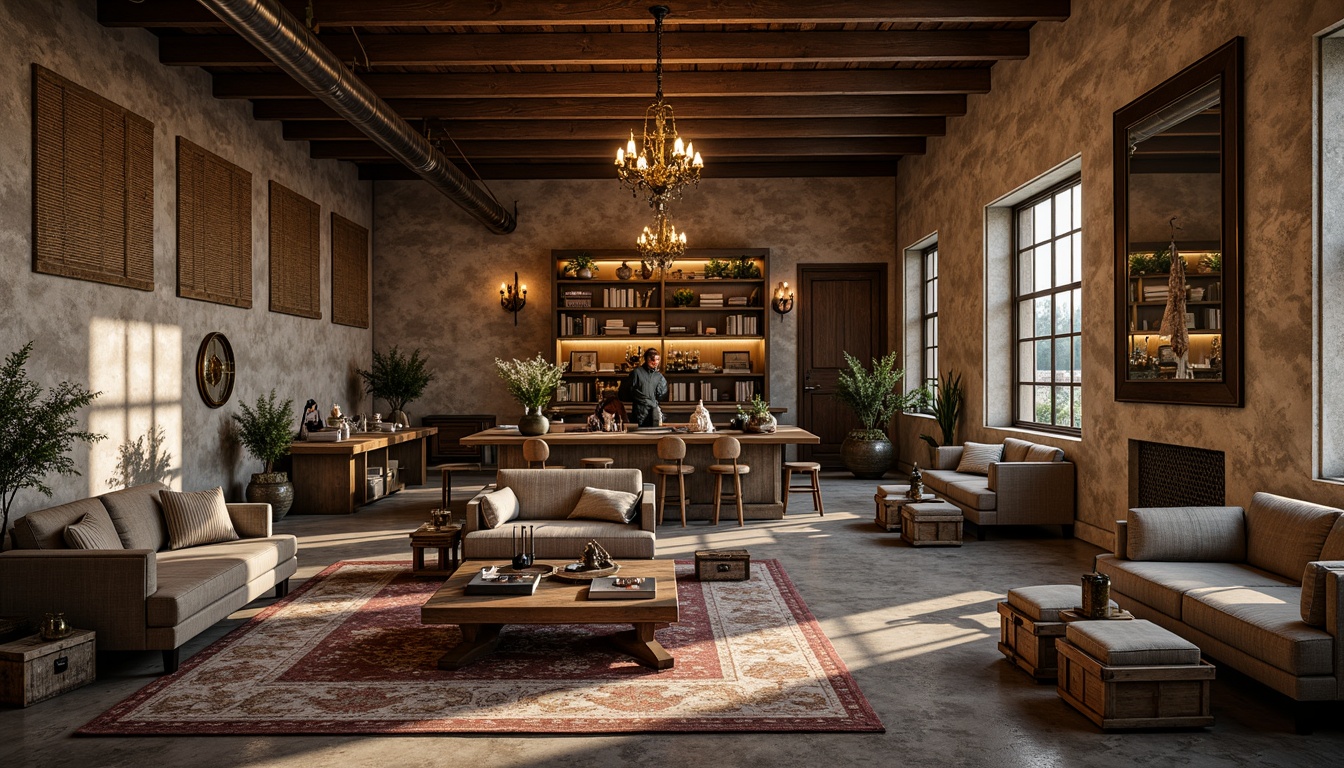 Prompt: Rustic warehouse, exposed wooden beams, distressed brick walls, vintage metal accents, reclaimed wood flooring, soft warm lighting, earthy color palette, natural stone features, wooden crates, industrial decor, French country charm, elegant chandeliers, ornate mirrors, luxurious textiles, plush furnishings, cozy reading nooks, intimate ambiance, shallow depth of field, 1/1 composition, realistic textures, ambient occlusion.