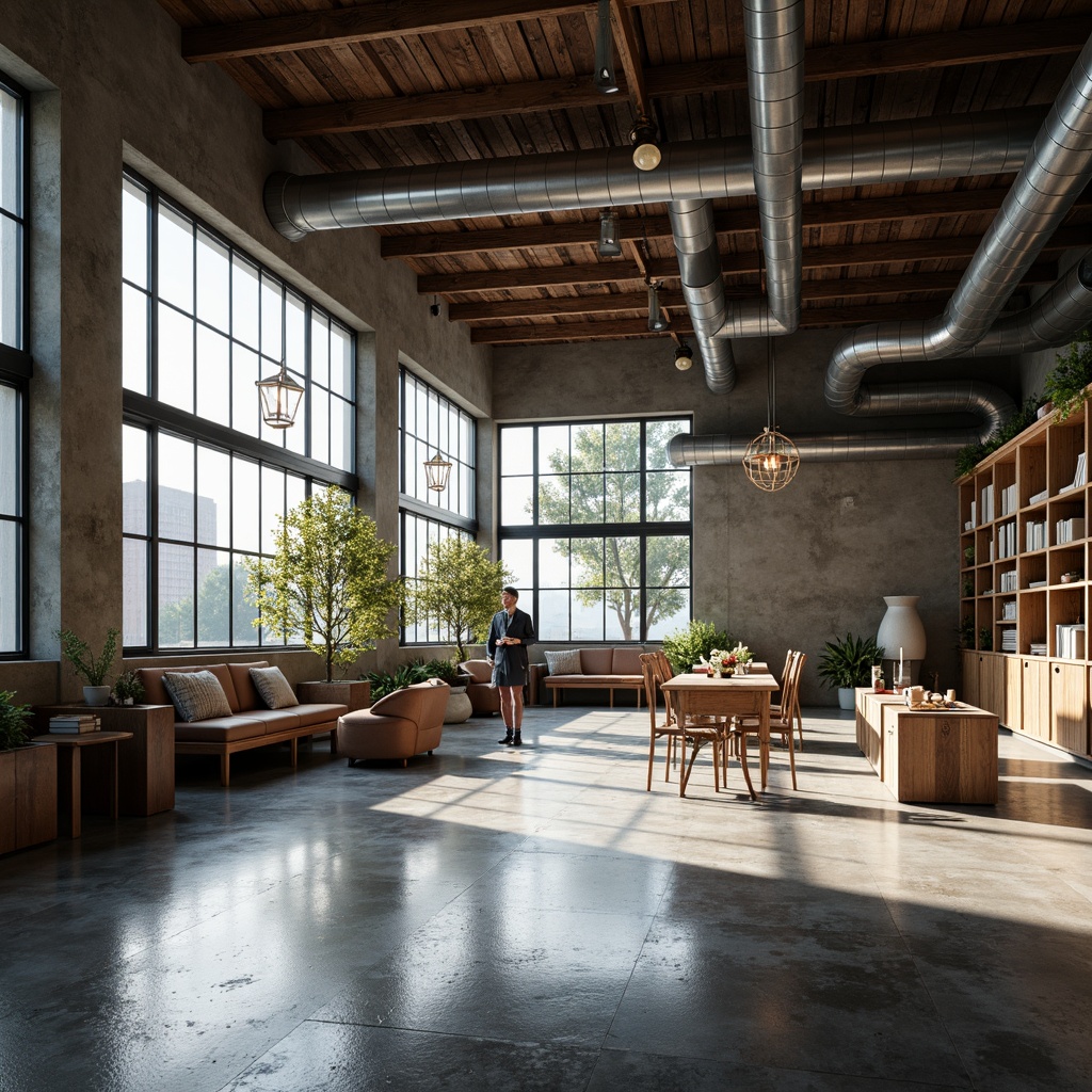 Prompt: Exposed ductwork, industrial chic, urban loft atmosphere, metal beams, reclaimed wood accents, polished concrete floors, oversized windows, natural light pouring in, dramatic shadows, high-ceilinged space, suspended lighting fixtures, metallic tones, Edison bulbs, sleek lines, modern minimalist aesthetic, bold color palette, statement walls, distressed textures, atmospheric misting, low-key ambient lighting, cinematic composition, wide-angle lens, realistic renderings.