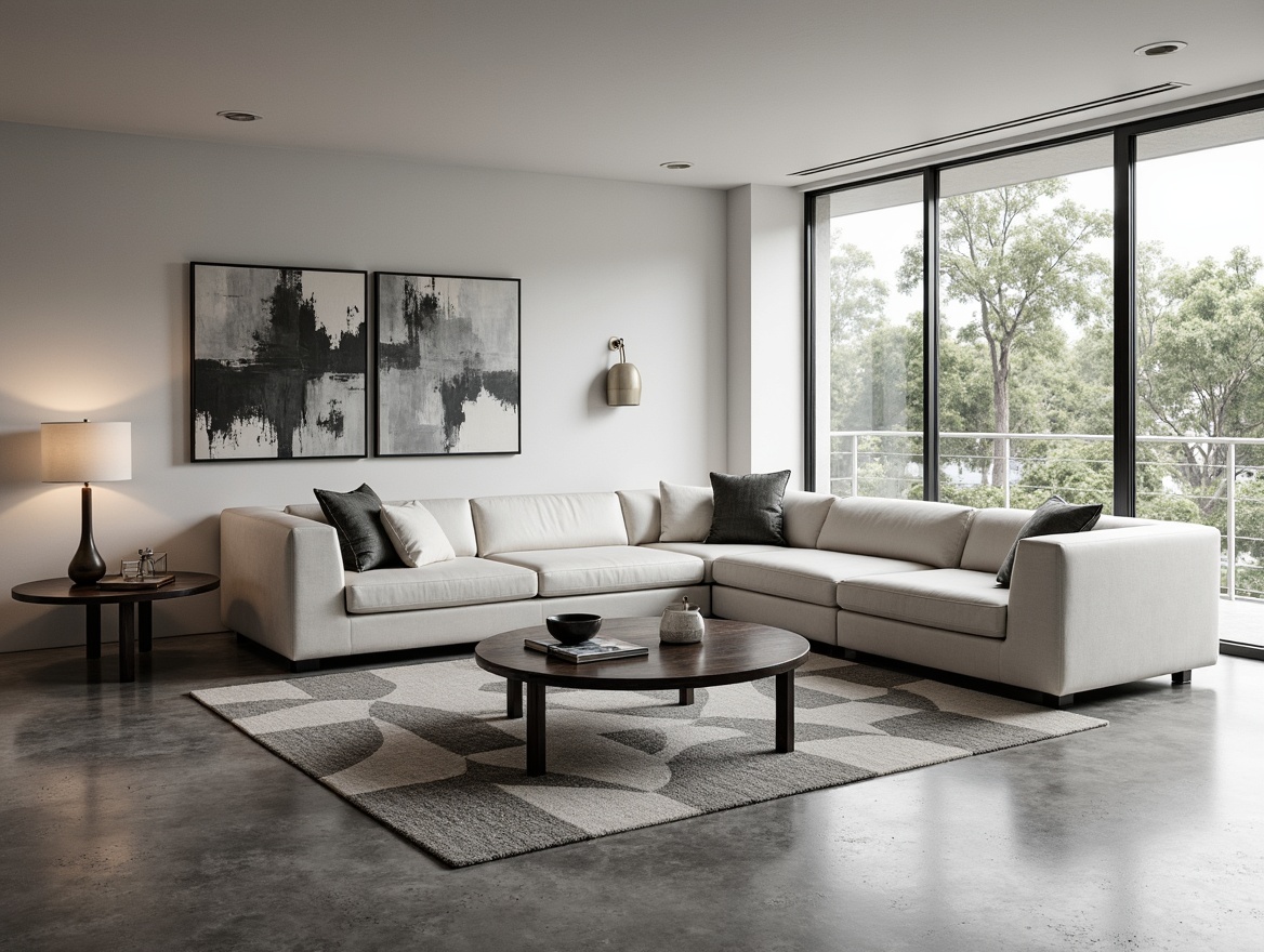 Prompt: Minimalist living room, sleek low-profile sofa, monochromatic color scheme, polished concrete floors, industrial chic coffee table, geometric patterned rug, floor-to-ceiling windows, abundant natural light, sparse decorative accents, modern abstract artwork, simple linear shelving, matte black metal frames, subtle textures, soft warm lighting, shallow depth of field, 3/4 composition, realistic reflections.