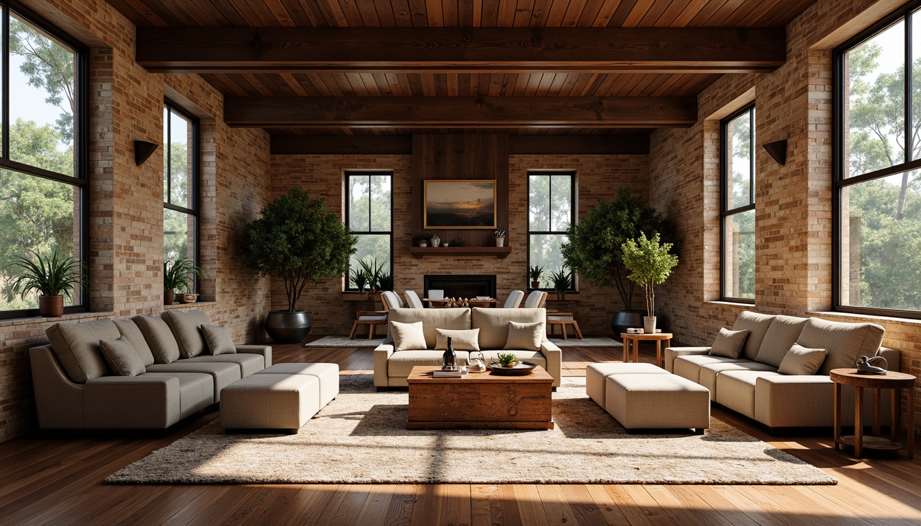 Prompt: Luxurious living room, rich wood flooring, plush area rugs, comfortable sofas, velvety upholstery, natural stone walls, rustic brick accents, industrial metal beams, reclaimed wood furniture, earthy color palette, warm cozy lighting, soft shadows, 1/1 composition, shallow depth of field, realistic textures, ambient occlusion.