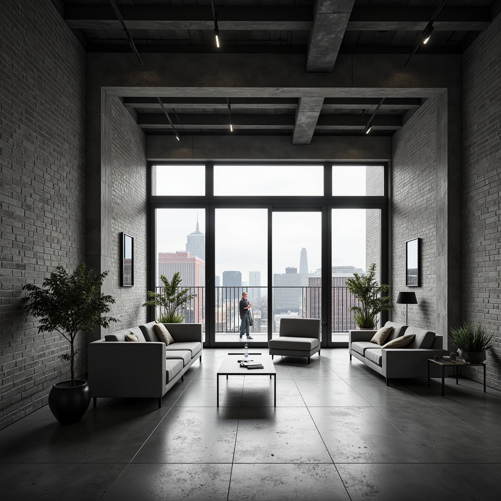 Prompt: Sparse interior, industrial materials, exposed brick walls, polished concrete floors, minimalist decor, functional furniture, geometric shapes, clean lines, monochromatic color scheme, plenty of natural light, large windows, sliding glass doors, urban cityscape view, cloudy day, soft diffused lighting, shallow depth of field, 1/1 composition, symmetrical framing, high contrast ratio, bold typography, sans-serif fonts, simple textures, subtle ambient occlusion.