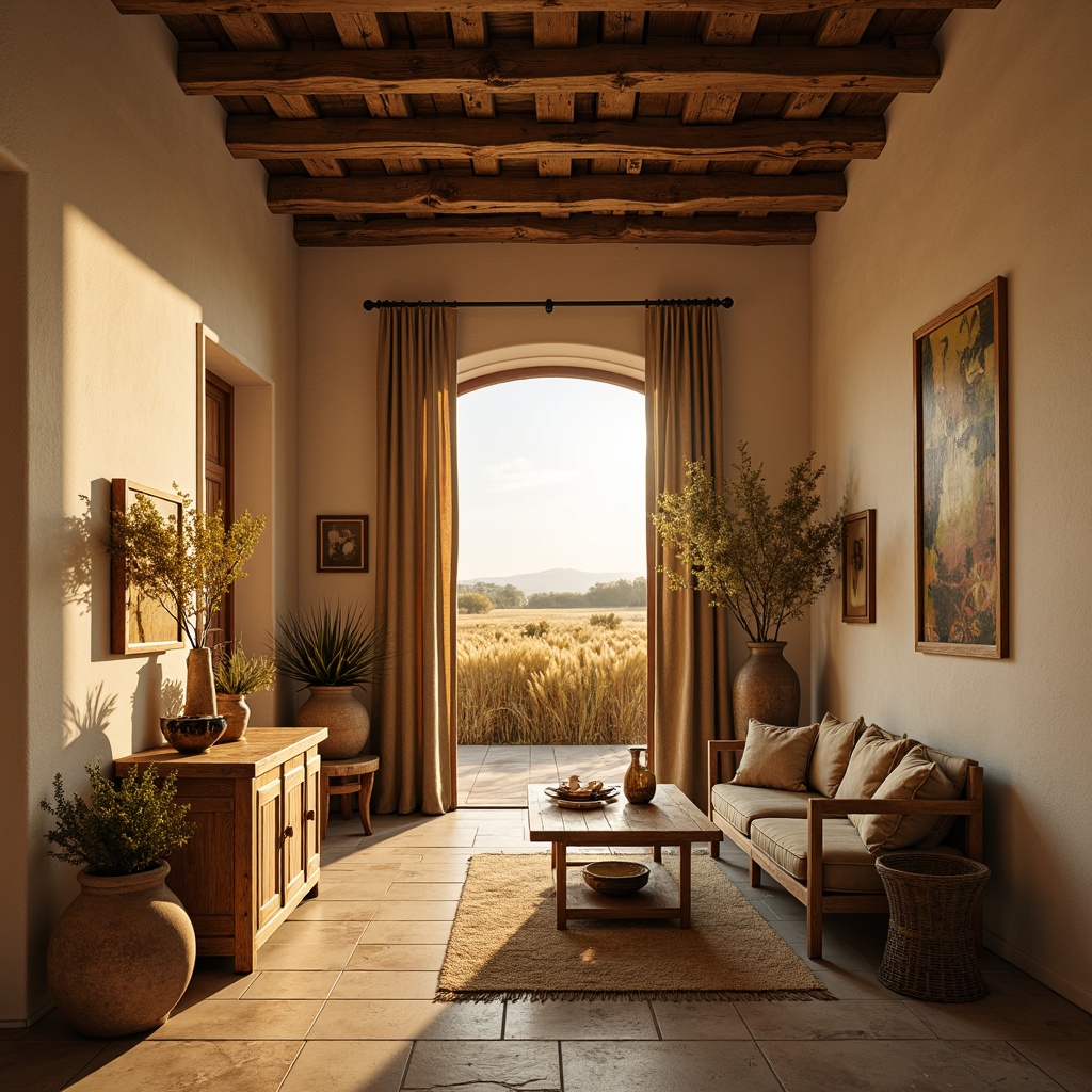 Prompt: Earthy wheat fields, golden bronze accents, rustic farmhouse, warm beige walls, vintage wooden furniture, distressed metal decorations, natural linen fabrics, earthy terracotta pots, sun-kissed landscape, soft warm lighting, shallow depth of field, 1/1 composition, realistic textures, ambient occlusion.