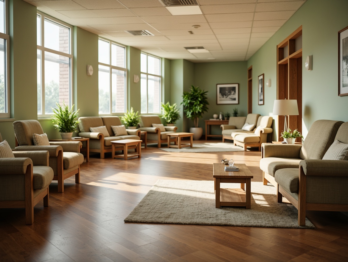 Prompt: Cozy hospital waiting area, plush sofas, ergonomic chairs, wooden coffee tables, warm beige carpeting, calming green walls, natural light pouring in, soft ambient music, gentle air circulation, comfortable patient seating, adjustable armrests, sturdy oak frames, breathable fabric upholstery, subtle patterned rugs, minimal clutter, soothing artwork, warm color scheme, relaxed atmosphere, shallow depth of field, 1/2 composition.