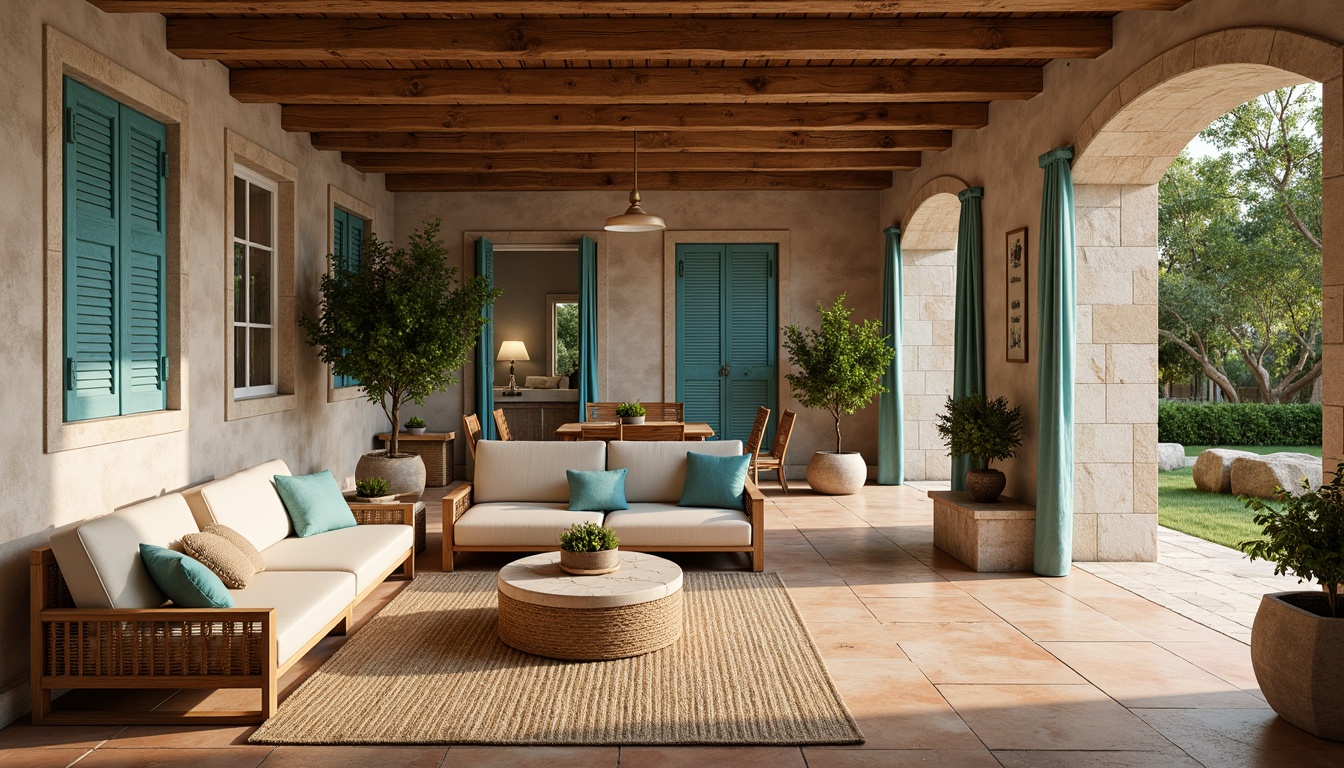 Prompt: Warm Mediterranean villa, rustic stone walls, earthy terracotta floors, soft blue shutters, vibrant turquoise accents, distressed wooden beams, natural linen fabrics, woven rattan furniture, lush greenery, potted olive trees, warm golden lighting, shallow depth of field, 1/1 composition, realistic textures, ambient occlusion.