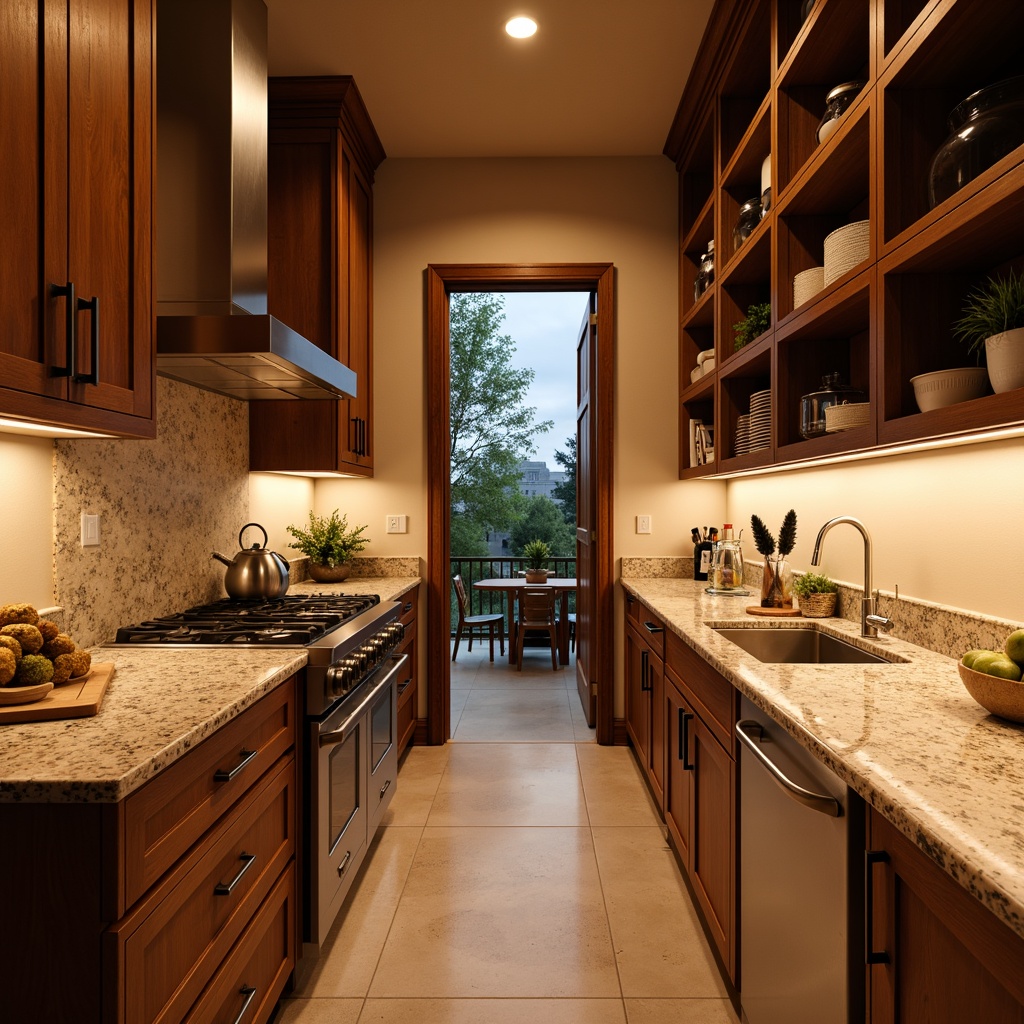 Prompt: Cozy pantry interior, warm wooden cabinetry, granite countertops, rich brown wood tones, stainless steel appliances, modern farmhouse sink, polished chrome fixtures, ample storage space, soft warm lighting, shallow depth of field, 3/4 composition, realistic textures, ambient occlusion.Please let me know if this meets your expectations!