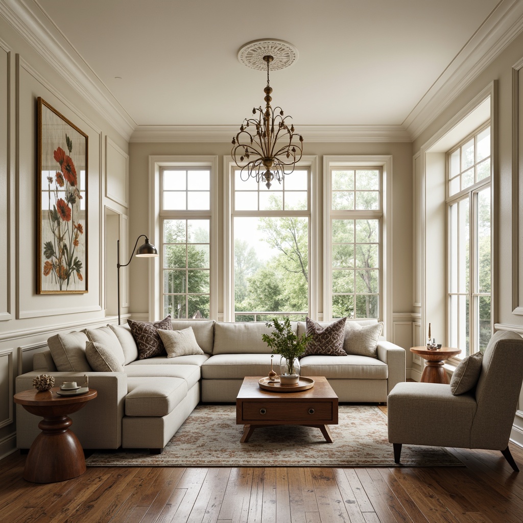 Prompt: Elegant living room, neutral color palette, plush sectional sofa, reclaimed wood coffee table, vintage rug, metallic accents, minimalist decor, floor-to-ceiling windows, soft natural light, warm beige walls, creamy white trim, sophisticated chandelier, luxurious velvet armchair, rich walnut side tables, ornate gold mirror, botanical artwork, subtle patterned throw pillows, 1/1 composition, shallow depth of field, softbox lighting, realistic textures.