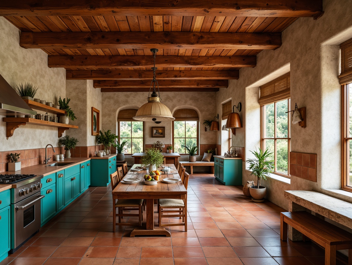 Prompt: Southwestern style kitchen, warm terracotta flooring, rustic wooden cabinets, vibrant turquoise accents, wrought iron lighting fixtures, pendant lamps with natural linen shades, earthy ceramic tiles, vintage metalware, distressed wood beams, cozy breakfast nook, soft warm glow, shallow depth of field, 1/1 composition, realistic textures, ambient occlusion.