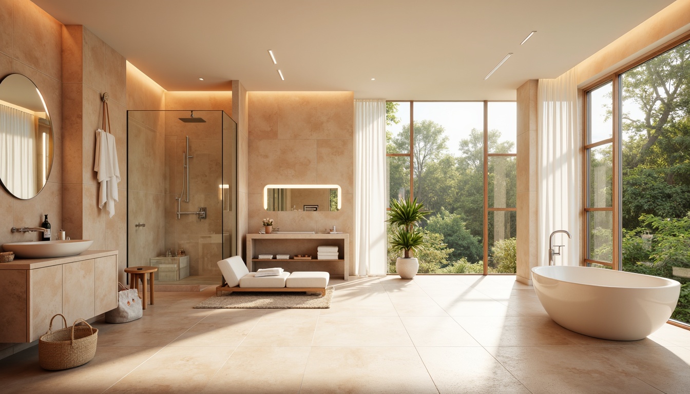 Prompt: Calming bathroom ambiance, soft peach hues, creamy whites, warm beige tones, natural stone textures, sleek chrome fixtures, modern minimalist decor, spa-inspired atmosphere, rainfall showerhead, freestanding tub, floor-to-ceiling windows, lush greenery views, morning sunlight, gentle warm lighting, shallow depth of field, 3/4 composition, realistic reflections, ambient occlusion.