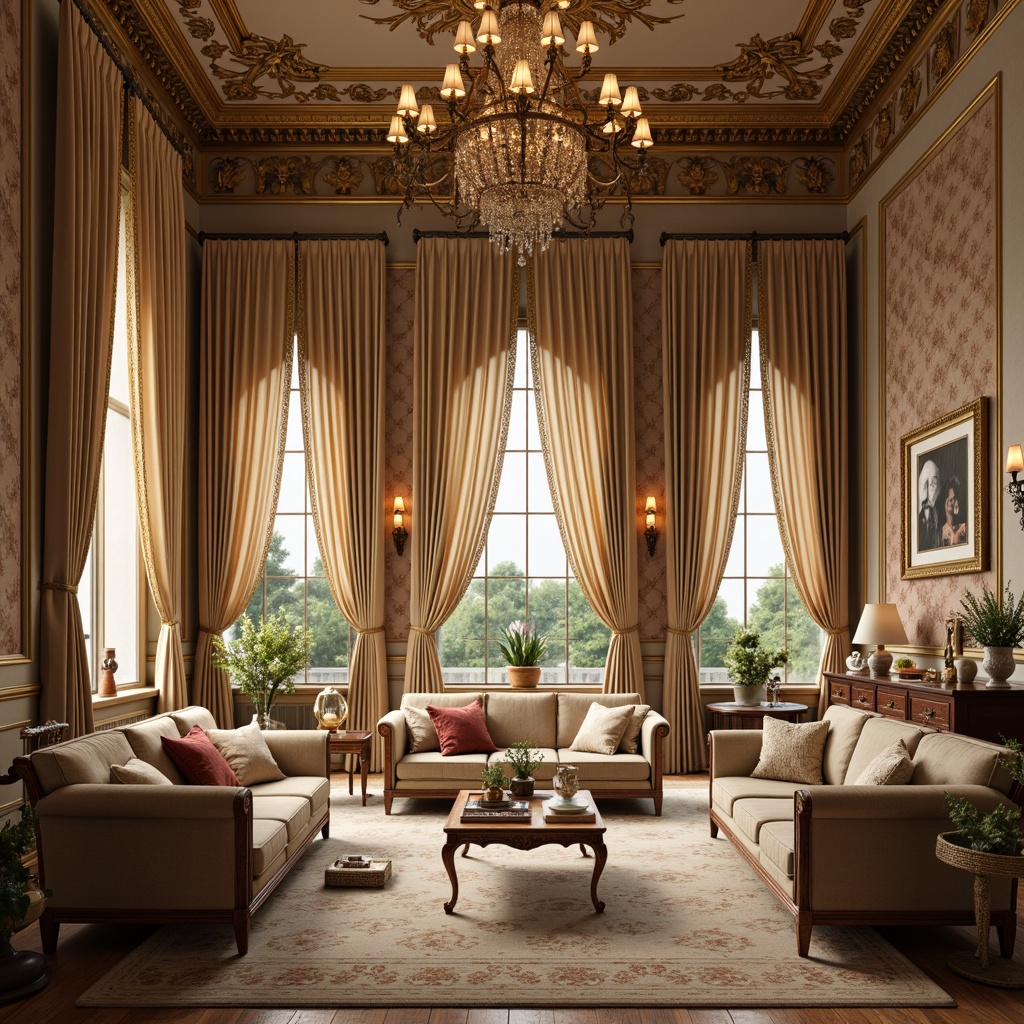 Prompt: Opulent velvet fabrics, intricate baroque patterns, soft golden hues, delicate florals, lavish silk drapes, rich brocade textures, ornate tassels, luxurious satin finishes, subtle sheen, romantic candlelight, warm beige tones, exquisite furnishings, carved wooden accents, gilded details, refined lace trims, elegant crystal chandeliers, majestic ceiling heights, dramatic floor-to-ceiling windows, serene natural light, 1/1 composition, soft focus, realistic reflections.