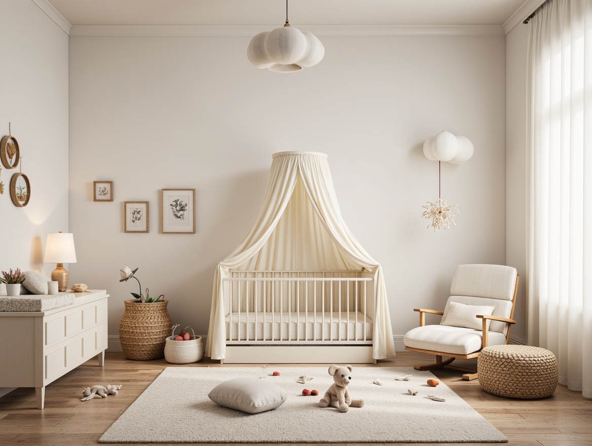 Prompt: Whimsical baby nursery, soft pastel colors, gentle wooden textures, plush toys, crib with canopy, changing table with storage, comfortable glider rocker, warm floor lamps, natural fiber rugs, minimalist decor, modern ergonomic design, rounded edges, safe and durable materials, creamy white furniture, subtle patterned fabrics, dreamy cloud-shaped decorations, soothing ambient lighting, 1/1 composition, intimate close-up shots, realistic fabric textures, soft focus effect.