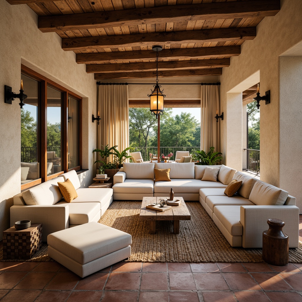 Prompt: Warm Mediterranean family room, rustic stone walls, earthy terracotta floors, plush sectional sofas, distressed wood coffee tables, woven jute rugs, soft warm lighting, wrought iron chandeliers, pendant lanterns, candle-like sconces, warm beige tones, natural textiles, linen drapes, plantation shutters, large windows, sliding glass doors, outdoor patios, lush greenery, sunny day, shallow depth of field, 3/4 composition, realistic textures, ambient occlusion.