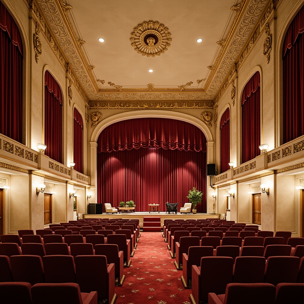 Prompt: Elegant auditorium, rustic French country style, distressed wood accents, soft golden lighting, luxurious velvet drapes, ornate plaster moldings, intricate wooden paneling, richly textured wallpaper, creamy white marble columns, ornamental metalwork, plush red carpeting, tufted upholstery, gilded frames, sophisticated soundproofing, intimate seating arrangements, dramatic stage lighting, warm beige tones, subtle sheen finishes, ornate chandeliers, refined architectural details, 3/4 composition, shallow depth of field, realistic textures.