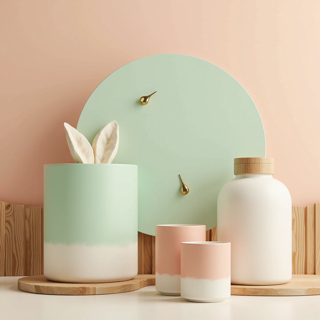 Prompt: Pastel hues, soft peach tones, calming mint greens, creamy whites, warm beige backgrounds, natural wood textures, elegant metallic accents, subtle gradient effects, gentle ombre transitions, soothing ambient lighting, shallow depth of field, 1/1 composition, realistic reflections, ambient occlusion.