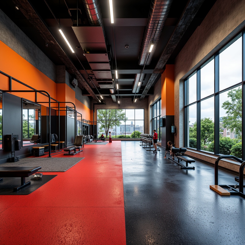 Prompt: Modern gym interior, rubber flooring, textured surfaces, shock-absorbing materials, vibrant color schemes, dynamic lighting, high-contrast accents, heavy-duty equipment, free weights area, cardio zone, strength training section, mirrored walls, high-ceiling, industrial chic design, urban loft atmosphere, polished concrete, epoxy coatings, matte finishes, anti-slip properties, sound-absorbing panels, ambient music, panoramic windows, natural daylight, 3/4 composition, realistic textures, ambient occlusion.