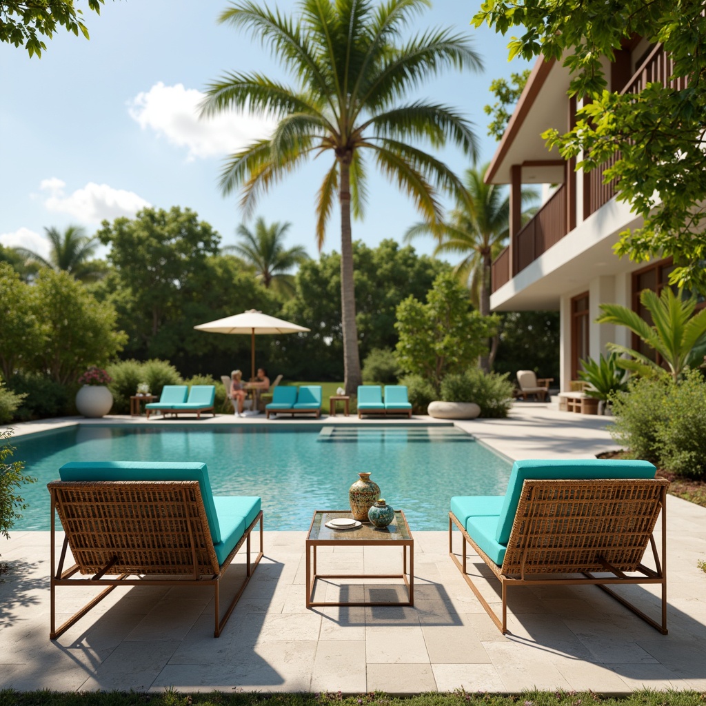 Prompt: Tropical poolside, luxurious lounge chairs, woven wicker furniture, vibrant turquoise cushions, sleek metal frames, glass-top coffee tables, colorful ceramic vases, exotic palm trees, lush greenery, sunny day, soft warm lighting, shallow depth of field, 3/4 composition, panoramic view, realistic textures, ambient occlusion.