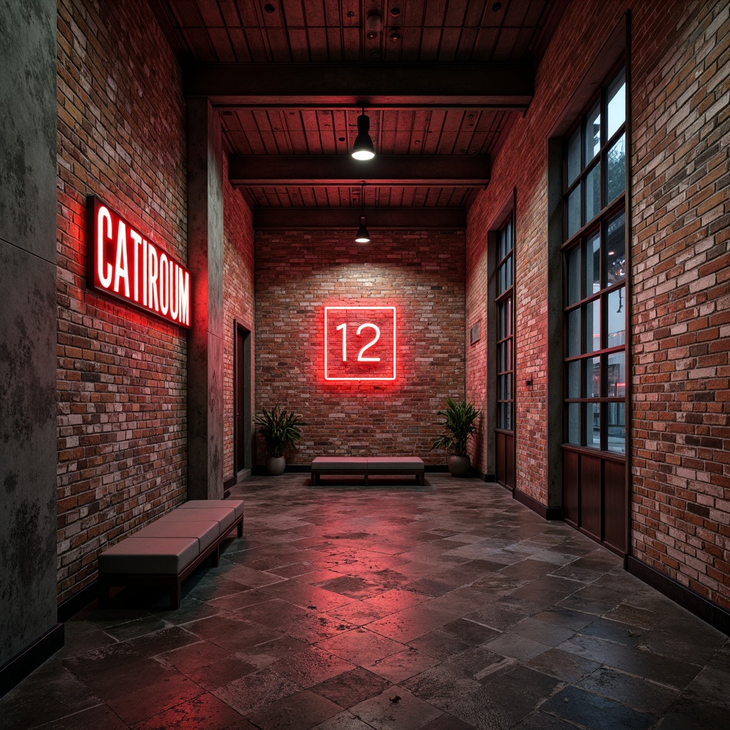 Prompt: Exposed brick walls, distressed concrete textures, reclaimed wood accents, industrial metal beams, urban graffiti murals, edgy neon light installations, rustic steel columns, worn stone flooring, moody atmospheric lighting, 1/2 composition, dramatic shadows, gritty realistic renderings, atmospheric misting effects, weathered metallic tones, bold color blocking, abstract geometric patterns.