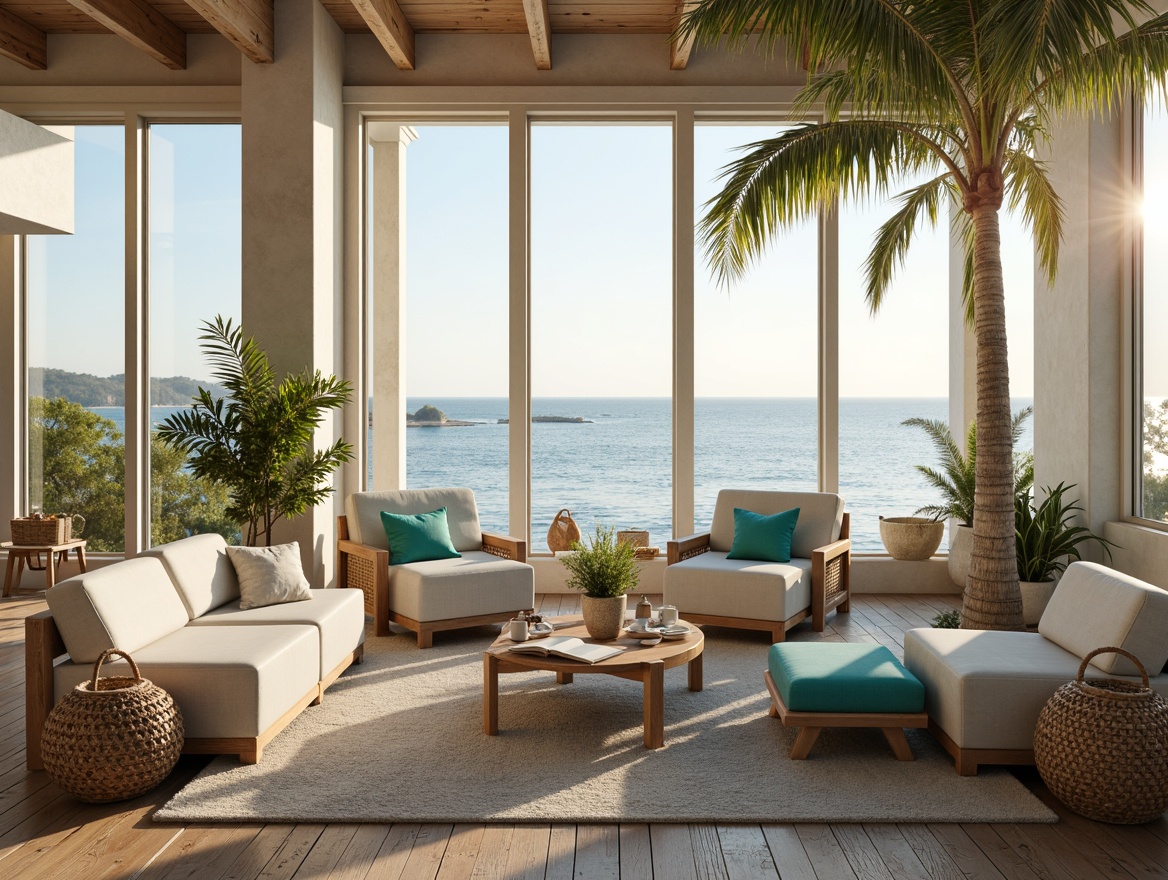 Prompt: Soft warm lighting, beachy vibes, driftwood furniture, ocean-inspired decor, calming turquoise accents, natural textiles, woven sea grass baskets, shells and starfish ornaments, whitewashed wooden walls, rustic nautical ropes, distressed wood floors, plush area rugs, cozy reading nooks, floor-to-ceiling windows, stunning ocean views, gentle sea breeze, 1/1 composition, shallow depth of field, warm golden lighting, relaxed ambiance.