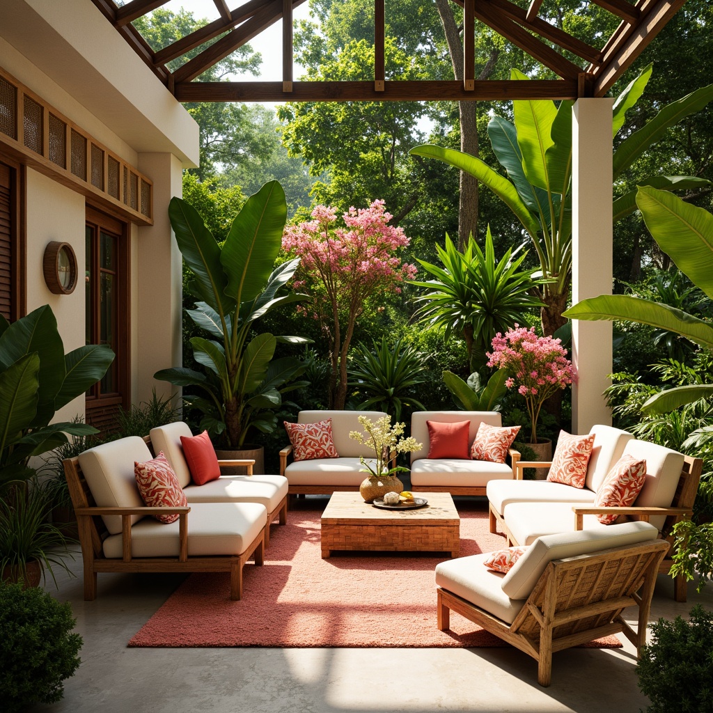 Prompt: Vibrant tropical interior, lush greenery, exotic flowers, rattan furniture, natural wood accents, woven textiles, bright coral hues, soft mint tones, creamy whites, warm golden lighting, shallow depth of field, 1/2 composition, realistic textures, ambient occlusion.