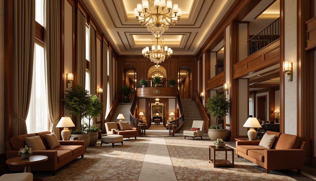 Prompt: Luxurious hotel lobby, academic style interior design, plush velvet sofas, rich wood paneling, ornate chandeliers, sophisticated carpet patterns, elegant drapery, subtle texture contrasts, warm beige tones, soft golden lighting, classic architectural columns, grand staircase, refined marble flooring, intricate moldings, upscale furnishings, sophisticated textile patterns, lavish upholstery, sumptuous fabrics, inviting ambiance, shallow depth of field, 1/1 composition, realistic render, ambient occlusion.