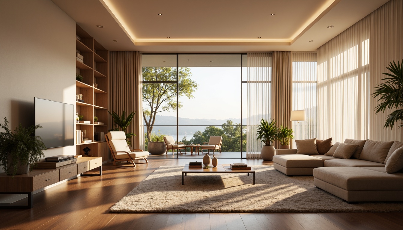 Prompt: Modern living room, sleek minimalist decor, warm ambient lighting, floor-to-ceiling windows, sheer curtains, LED strip lights, recessed ceiling fixtures, pendant lamps, wooden furniture, natural textures, soft pastel colors, cozy atmosphere, morning sunlight, subtle shadows, shallow depth of field, 1/1 composition, realistic rendering, warm color palette.