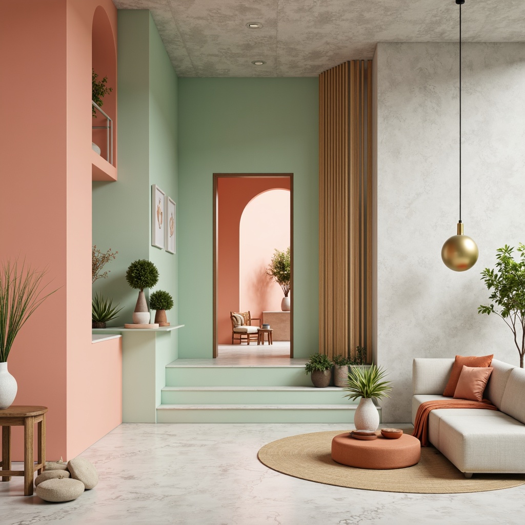 Prompt: Vibrant pastel hues, soft peach tones, calming mint greens, rich charcoal grays, creamy whites, bold coral accents, metallic gold details, natural wood textures, earthy terracotta ceramics, smooth marble surfaces, abstract geometric patterns, modern minimalist aesthetic, warm atmospheric lighting, shallow depth of field, 2/3 composition, realistic renderings, ambient occlusion.