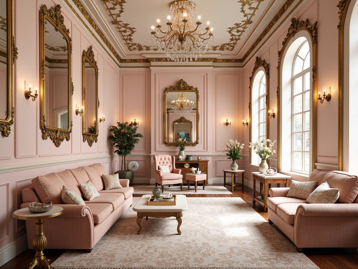 Prompt: Opulent Rococo-style interior, soft pastel hues, pale pink walls, creamy white trim, gilded gold accents, ornate mirrors, intricate carvings, luxurious velvet fabrics, delicate lace patterns, subtle sheen, warm candlelight, dramatic chandelier, lavish furnishings, antique furniture pieces, ornamental vases, fresh flower arrangements, grand scale, symmetrical composition, shallow depth of field, 1/1 aspect ratio, soft focus, romantic ambiance.