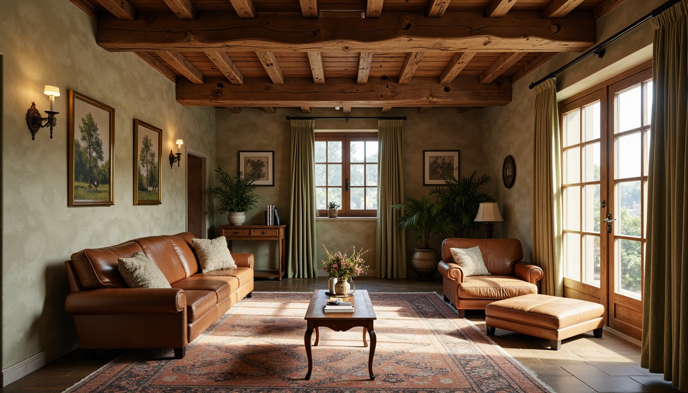 Prompt: Earthy tone, rich walnut wood, warm beige walls, soft sage green accents, natural stone flooring, creamy white trim, rustic bronze hardware, distressed leather furniture, vintage rug patterns, ambient warm lighting, shallow depth of field, 2/3 composition, realistic textures, subtle color gradations.Note