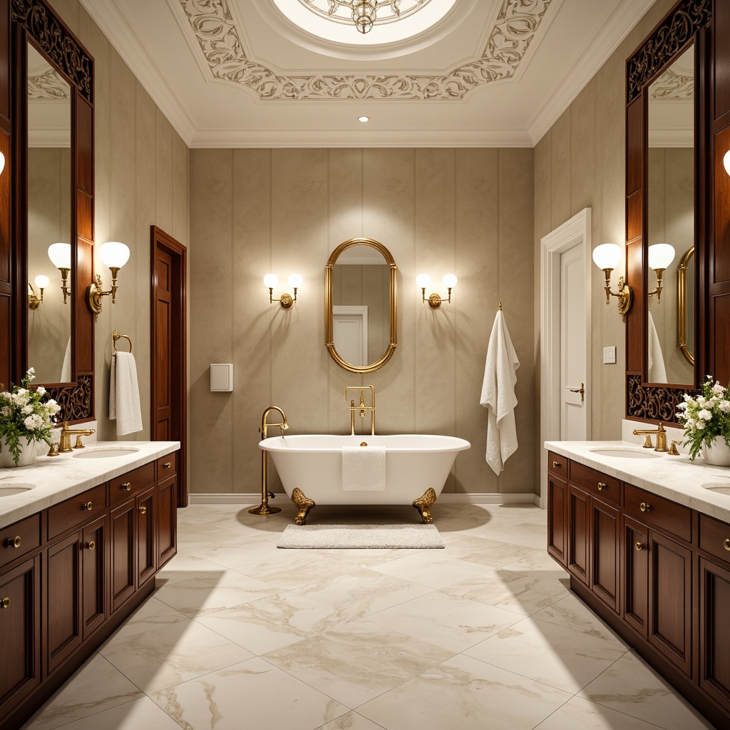 Prompt: Luxurious bathroom, classic freestanding tub, ornate golden faucets, marble countertops, soft white lighting, elegant wall sconces, large ornate mirrors, decorative ceiling medallions, rich wood cabinetry, intricate carvings, porcelain floor tiles, subtle texture variations, warm beige color palette, 1/1 composition, shallow depth of field, realistic reflections, ambient occlusion.