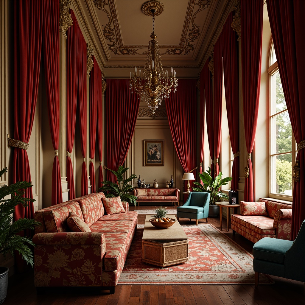 Prompt: Rich velvet drapes, ornate wooden furniture, intricately carved decorations, warm golden lighting, plush crimson reds, deep blues, soft creams, luxurious emerald greens, lavish patterns, opulent textures, Baroque-inspired motifs, grand chandeliers, stately columns, ornamental moldings, lavish upholstery, regal accents, sophisticated color harmony, 1/1 composition, shallow depth of field, warm atmospheric lighting.