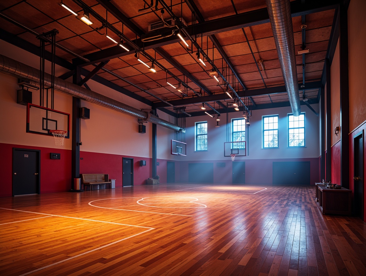 Prompt: Vibrant gymnasium interior, expressionist architecture, dramatic lighting, intense shadows, warm color palette, rustic wooden floors, industrial metal beams, exposed ductwork, dynamic ceiling structures, suspended LED lights, high-contrast spotlights, ambient floor lamps, cinematic atmosphere, low-angle shots, 1/2 composition, narrow depth of field, realistic textures, atmospheric fog.