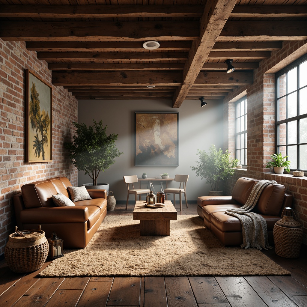 Prompt: Rustic loft space, wooden beam ceilings, exposed brick walls, reclaimed wood floors, plush area rugs, vintage furniture pieces, earthy color palette, natural stone accents, metal lanterns, distressed leather sofas, woven baskets, potted greenery, soft warm lighting, shallow depth of field, 3/4 composition, atmospheric mist, realistic textures, ambient occlusion.