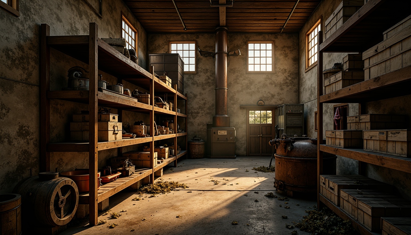 Prompt: Distressed storage rooms, worn wooden crates, rusty metal shelves, dimly lit atmosphere, dramatic shadows, warm golden lighting, vintage industrial textures, rough-hewn stone walls, distressed concrete floors, peeling paint, old machinery parts, worn leather straps, intricate mechanical details, steampunk-inspired elements, mysterious abandoned feel, 1/1 composition, high contrast ratio, cinematic mood, intense color grading.