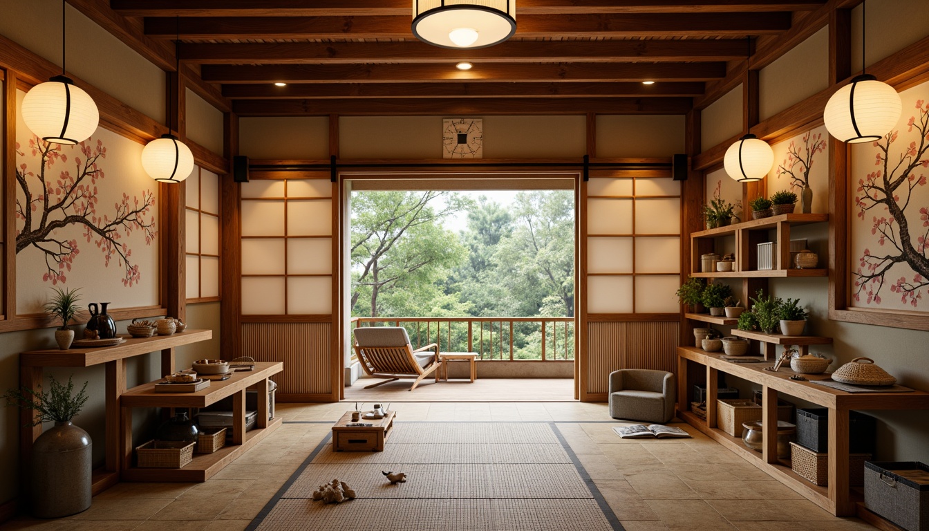 Prompt: Traditional Japanese sliding doors, natural wood accents, woven bamboo flooring, paper lanterns, hand-painted cherry blossom murals, intricately carved wooden shelves, minimalistic workbenches, organized storage compartments, soft warm lighting, serene ambiance, tranquil atmosphere, 1/1 composition, shallow depth of field, realistic textures, ambient occlusion.