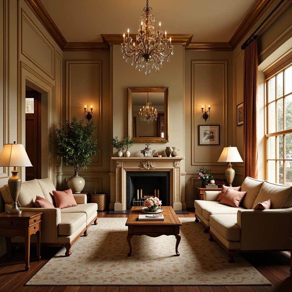 Prompt: Elegant traditional living room, warm beige walls, ornate furnishings, rich wood tones, classic chandeliers, crystal drops, soft warm glow, table lamps, bronze metalwork, cream-colored shades, subtle texture, cozy atmosphere, afternoon sunlight, shallow depth of field, 1/1 composition, realistic reflections, ambient occlusion.