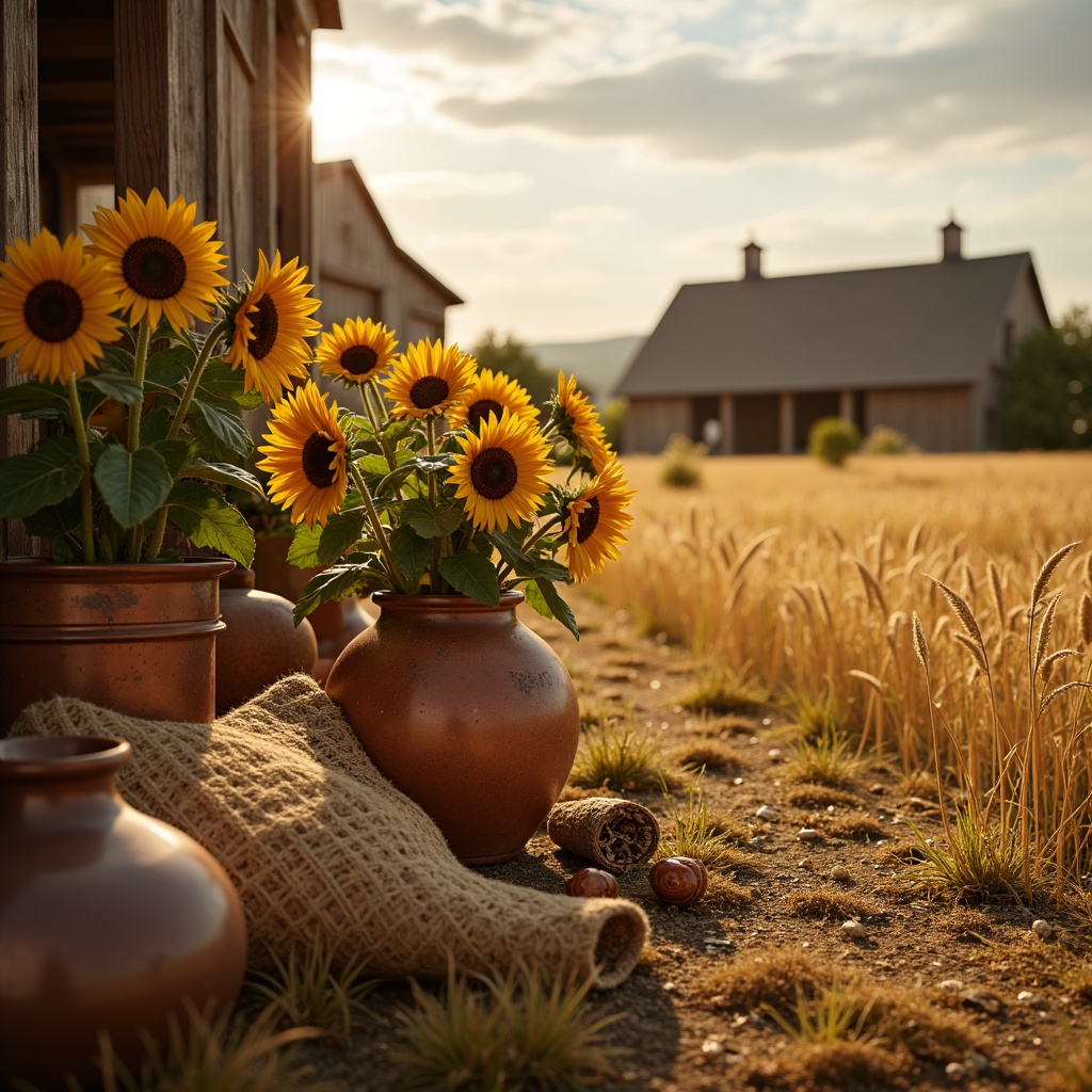 Prompt: Warm wheat fields, golden sunflowers, rustic barns, vintage bronze accents, earthy terracotta pots, natural jute fabrics, distressed wood textures, soft warm lighting, shallow depth of field, 1/1 composition, realistic reflections, ambient occlusion, subtle grain effect.