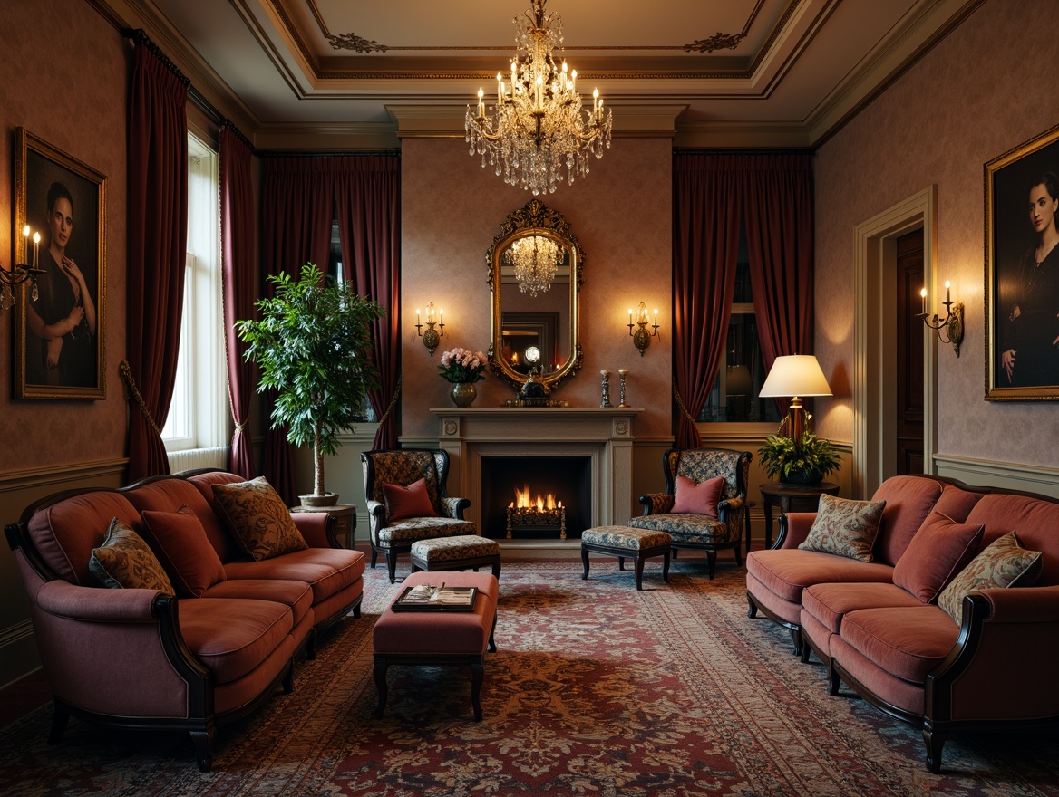 Prompt: Luxurious living room, ornate furnishings, velvet sofas, carved wooden armchairs, intricately patterned rugs, gilded frames, crystal chandeliers, rich fabrics, subtle color palette, ambient warm lighting, soft focus, 1/1 composition, realistic textures, subtle shading.