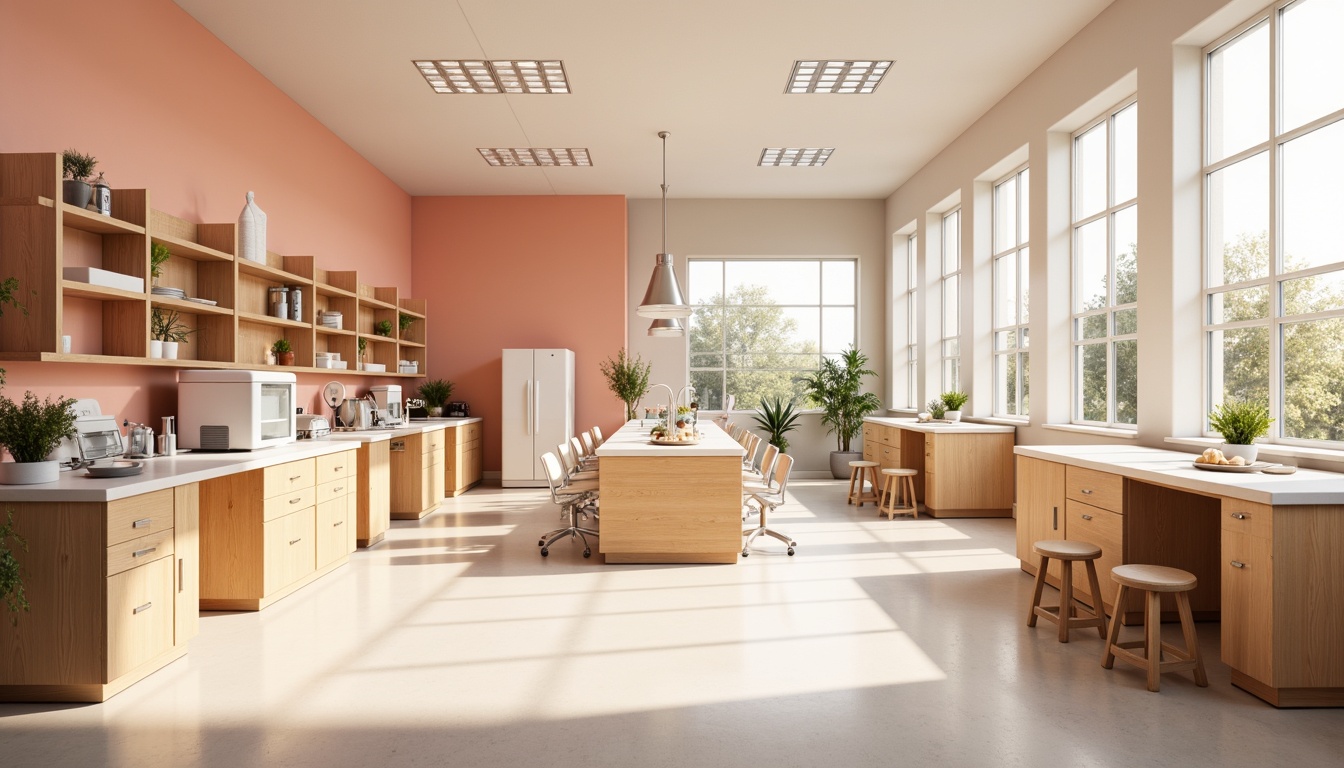 Prompt: Vibrant laboratory interior, calming pastel hues, soft peach walls, crisp white countertops, sleek metallic equipment, warm beige flooring, natural wood accents, minimalistic shelving, ergonomic stools, ample daylight, large windows, subtle gradient lighting, shallow depth of field, 1/1 composition, realistic textures, ambient occlusion.