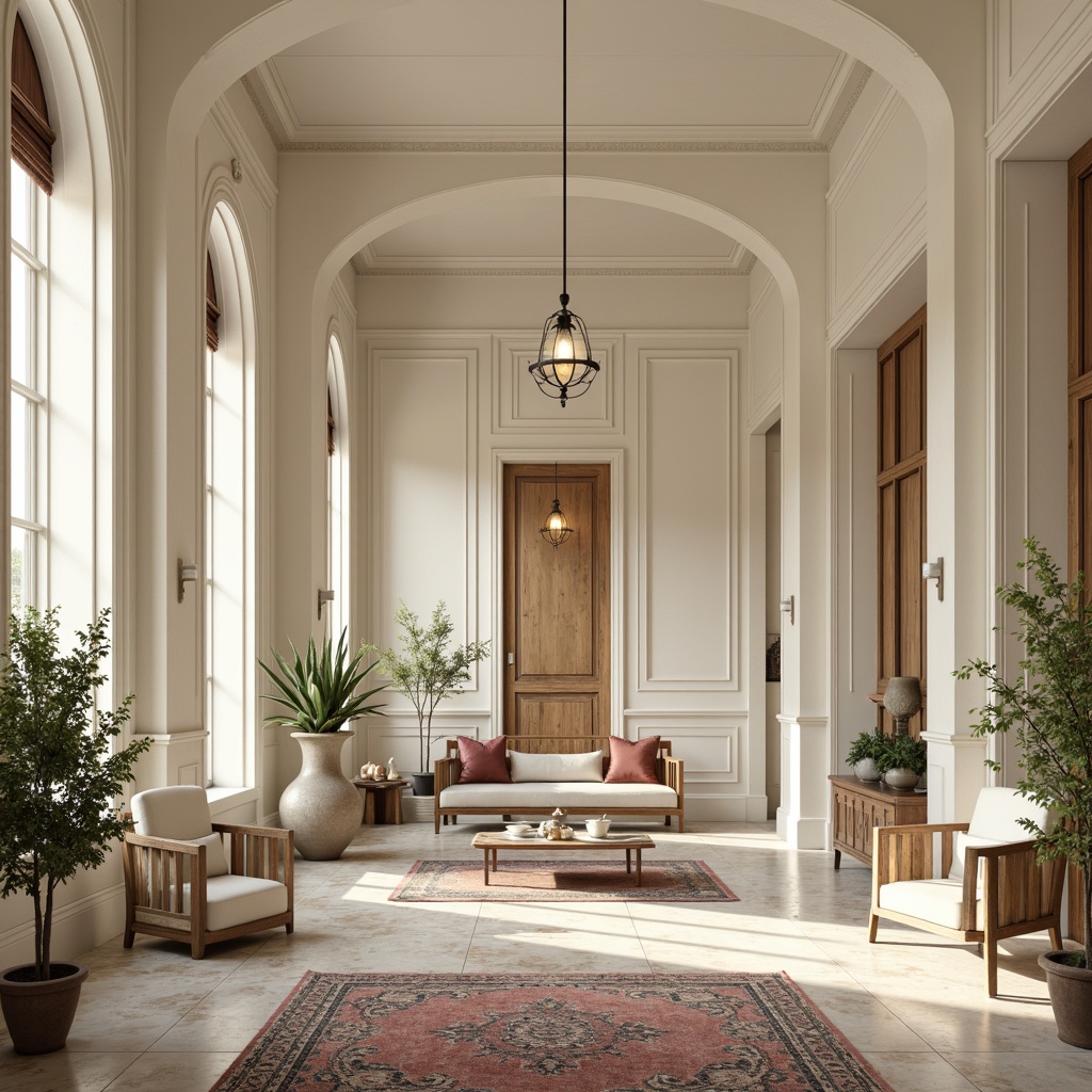 Prompt: Creamy white walls, rich wood accents, ornate moldings, elegant archways, polished marble floors, subtle patterned rugs, luxurious velvet drapes, soft warm lighting, shallow depth of field, 1/1 composition, realistic textures, ambient occlusion, serene atmosphere, classic furniture pieces, sophisticated color palette, nuanced tonal contrast, harmonious materiality, refined ornateness, subtle weathering effects.