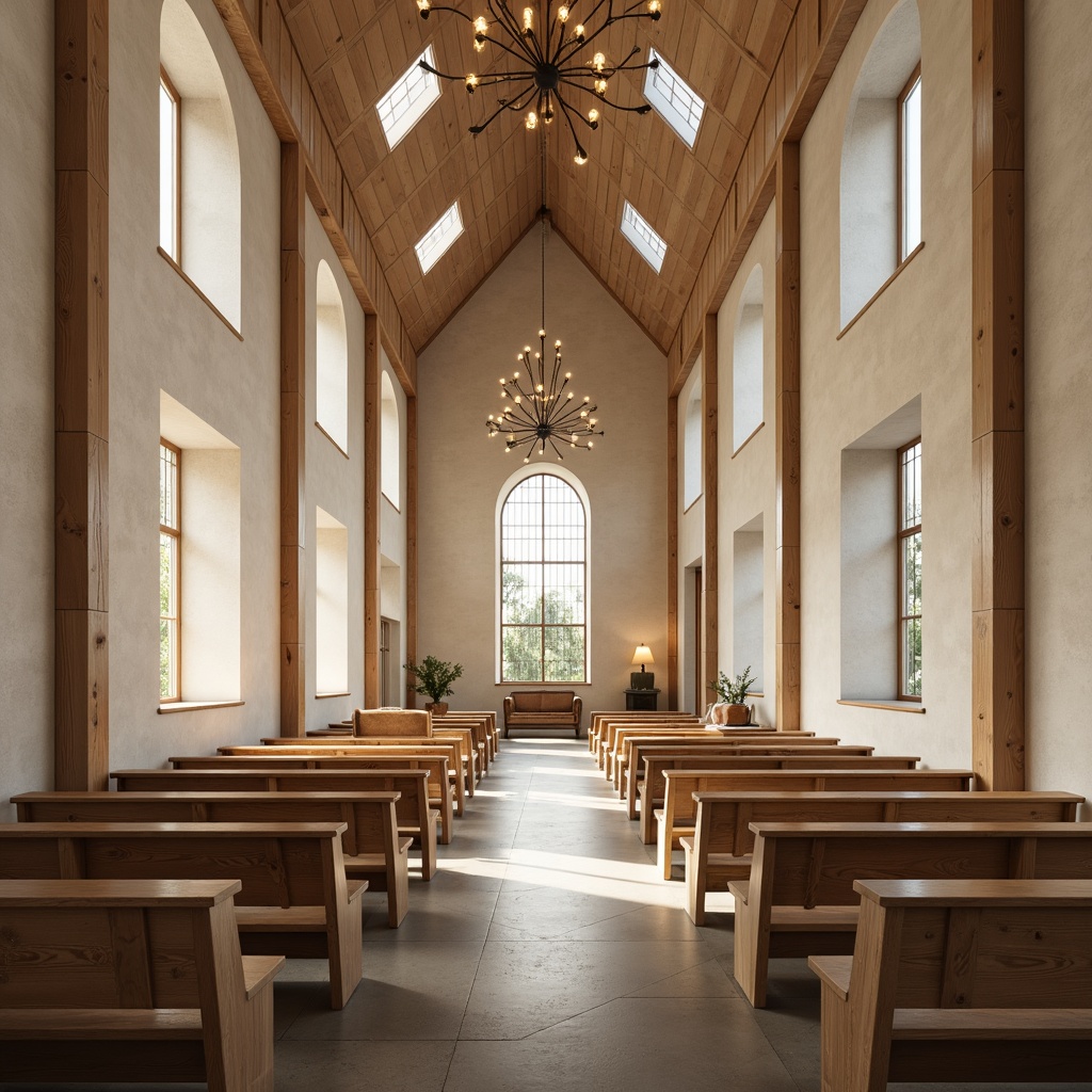 Prompt: Nordic minimalist church, rustic wooden pews, cream-colored stone walls, vaulted ceilings, grandiose chandeliers, warm candlelight, softbox lighting, natural daylight, stained glass windows, clerestory windows, LED strip lights, subtle color temperature, ambient illumination, 3/4 composition, symmetrical framing, airy open spaces, simplistic design, Nordic-inspired patterns, organic textures, weathered wood accents, cozy atmosphere, serene ambiance, warm beige tones.