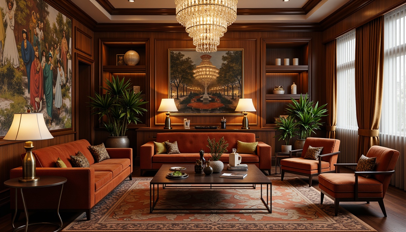 Prompt: Luxurious Art Deco apartment, lavish velvet sofas, ornate wooden armchairs, geometric patterned rugs, metallic accents, opulent crystal chandeliers, richly textured wallpapers, bold colorful murals, sleek minimalist coffee tables, curved lines, metallic legs, tufted upholstery, vintage decorative objects, antique vases, elegant floor lamps, soft warm lighting, cinematic composition, high-contrast rendering, detailed textures.