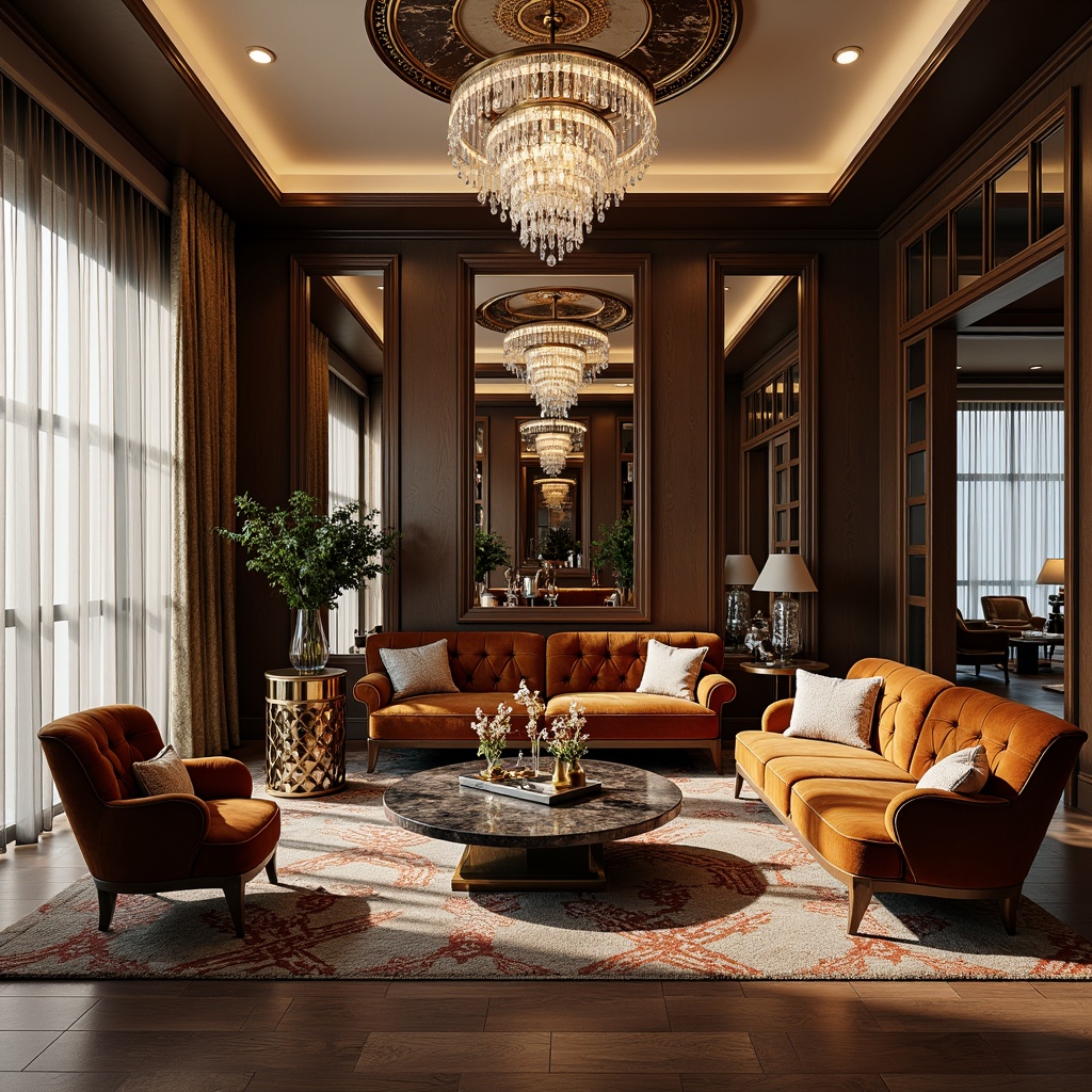 Prompt: Luxurious living room, opulent furniture, metallic accents, velvet upholstery, geometric patterns, chrome-plated legs, tufted sofas, ornate mirrors, crystal chandeliers, marble coffee tables, curved lines, bold colors, rich textiles, lavish decorations, 1920s-inspired designs, glamorous ambiance, soft warm lighting, shallow depth of field, 1/1 composition, realistic reflections.