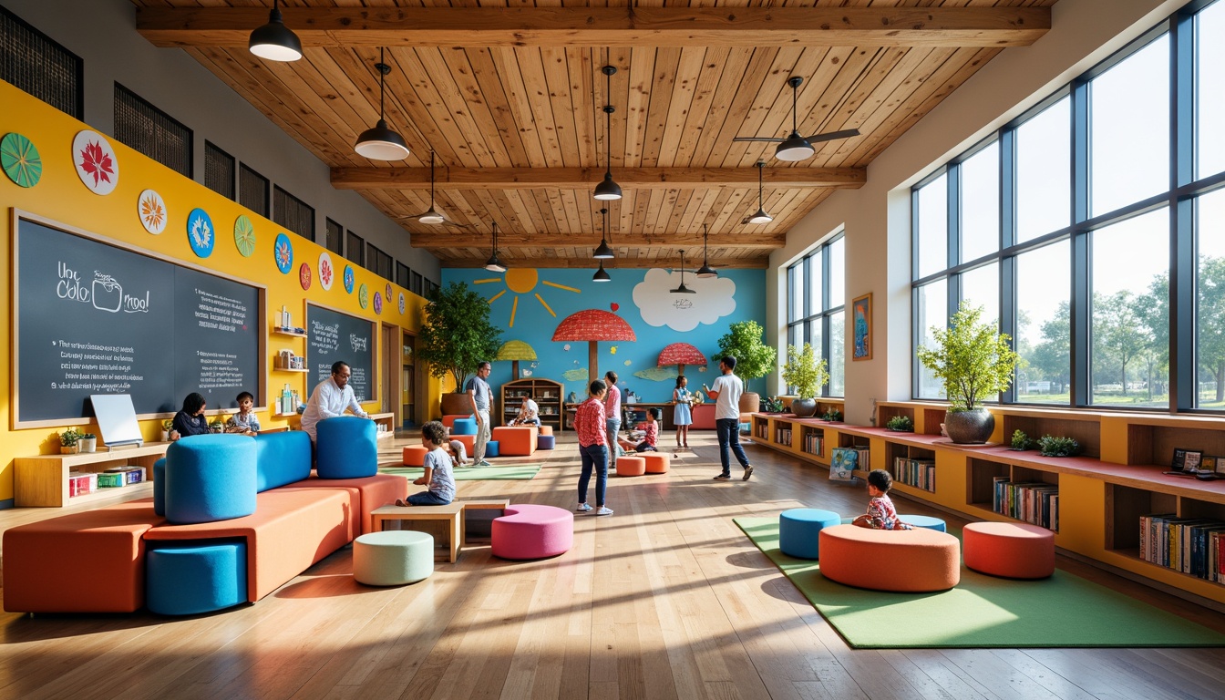 Prompt: Vibrant elementary school, eclectic style, colorful murals, interactive whiteboards, flexible seating arrangements, collaborative learning spaces, natural wood accents, playful pendant lights, inspirational quotes, diverse textures, cozy reading nooks, modular furniture, adaptive technology integration, open shelving units, creative art displays, whimsical decor elements, stimulating color schemes, modern minimalist architecture, abundant natural light, airy atmosphere, shallow depth of field, 1/1 composition, soft warm lighting.