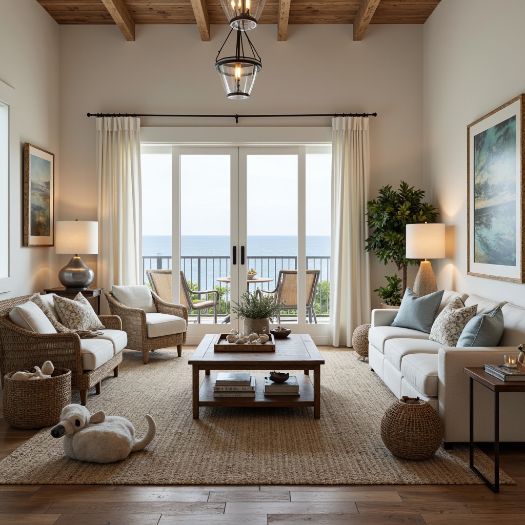 Prompt: Coastal-themed living room, soft warm glow, nautical accents, distressed wood furniture, woven sea grass rugs, ocean-inspired artwork, driftwood decorative pieces, shells and pebbles, calming color palette, seaside ambiance, pendant lanterns with glass shades, rustic metal sconces, weathered bronze finishes, candlelight warmth, subtle beachy textures, gentle wave patterns, soothing ocean views, 1/2 composition, softbox lighting, warm color temperature.