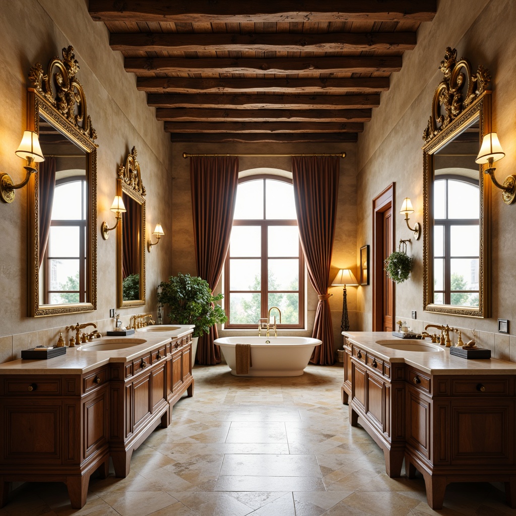 Prompt: Luxurious bathroom, ornate golden fixtures, creamy marble countertops, textured stone walls, rich velvet drapes, antique wooden cabinets, intricately carved mirrors, soft warm lighting, Renaissance-inspired architecture, ornamental patterns, gilded accents, lavish furnishings, spa-like ambiance, freestanding tubs, rainfall showerheads, porcelain sinks, ornate metalwork, Tuscan-inspired color palette, earthy tones, natural stone flooring, rustic wooden beams.