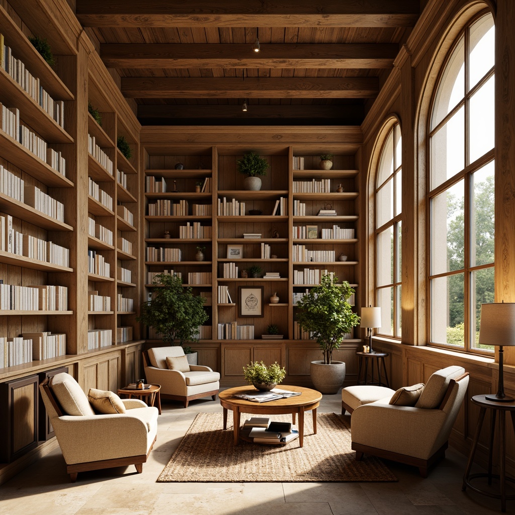 Prompt: Warm beige bookshelves, rich wood tones, ornate metal brackets, soft warm lighting, comfortable reading nooks, plush armchairs, elegant wooden tables, vintage-inspired lamps, classic literature collections, subtle texture variations, natural stone flooring, neutral color palette, high ceiling, large windows, calm atmosphere, shallow depth of field, 1/1 composition, realistic wood textures, ambient occlusion.