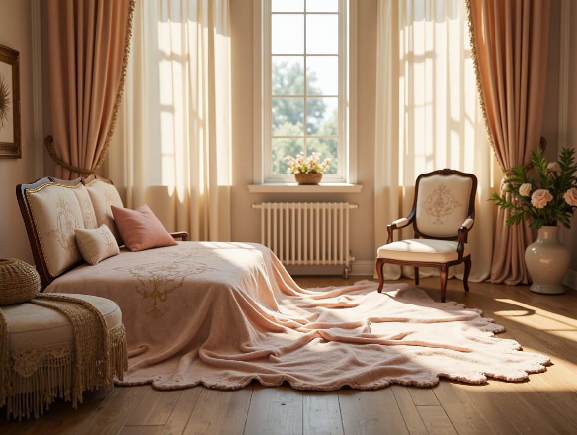 Prompt: Luxurious velvet fabrics, soft pastel hues, ornate golden accents, plush cushions, delicate lace trimmings, gentle silk drapes, intricate embroidery patterns, cozy throw blankets, elegant wooden cribs, refined carved details, warm beige tones, soothing natural light, gentle morning sunbeams, serene atmosphere, shallow depth of field, 1/1 composition, realistic textures, ambient occlusion.