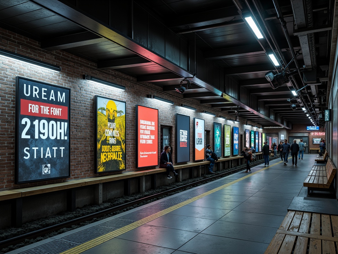 Prompt: Industrial metro station, exposed brick walls, metallic beams, urban signage, bold font displays, vibrant neon lights, modern LED screens, sleek metal frames, distressed wood accents, concrete flooring, industrial-style benches, urban graffiti, dynamic shadows, high-contrast lighting, shallow depth of field, 1/2 composition, realistic textures, ambient occlusion.