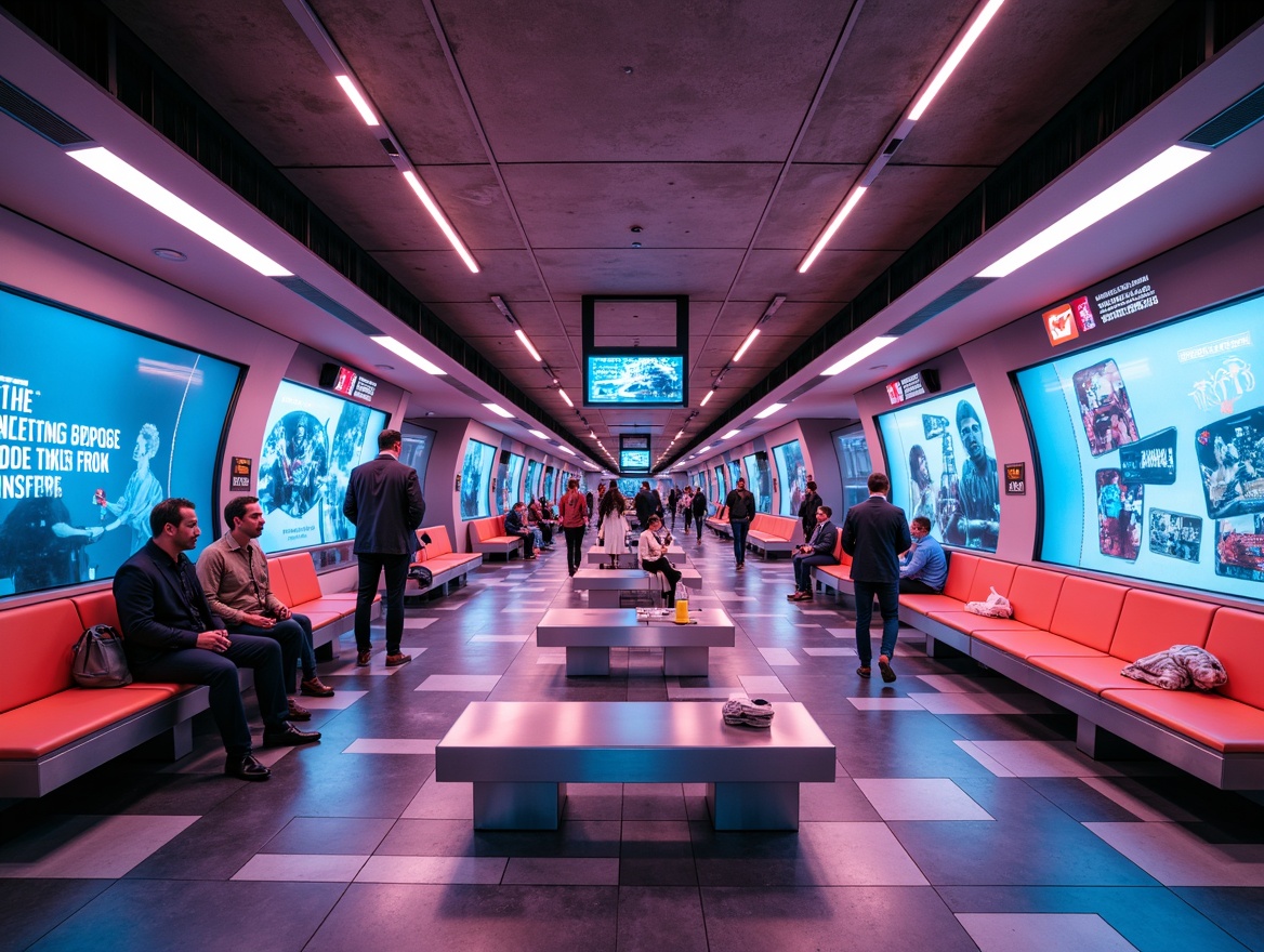 Prompt: Vibrant metro station interior, futuristic furniture design, neon-lit advertisements, sleek stainless steel benches, ergonomic seating areas, geometric-patterned floor tiles, bold colorful murals, minimalist information displays, modernist architecture, exposed concrete ceilings, industrial-chic lighting fixtures, urban jungle atmosphere, rush hour crowds, dynamic reflections, shallow depth of field, 1/2 composition, soft focus effect, realistic textures, ambient occlusion.